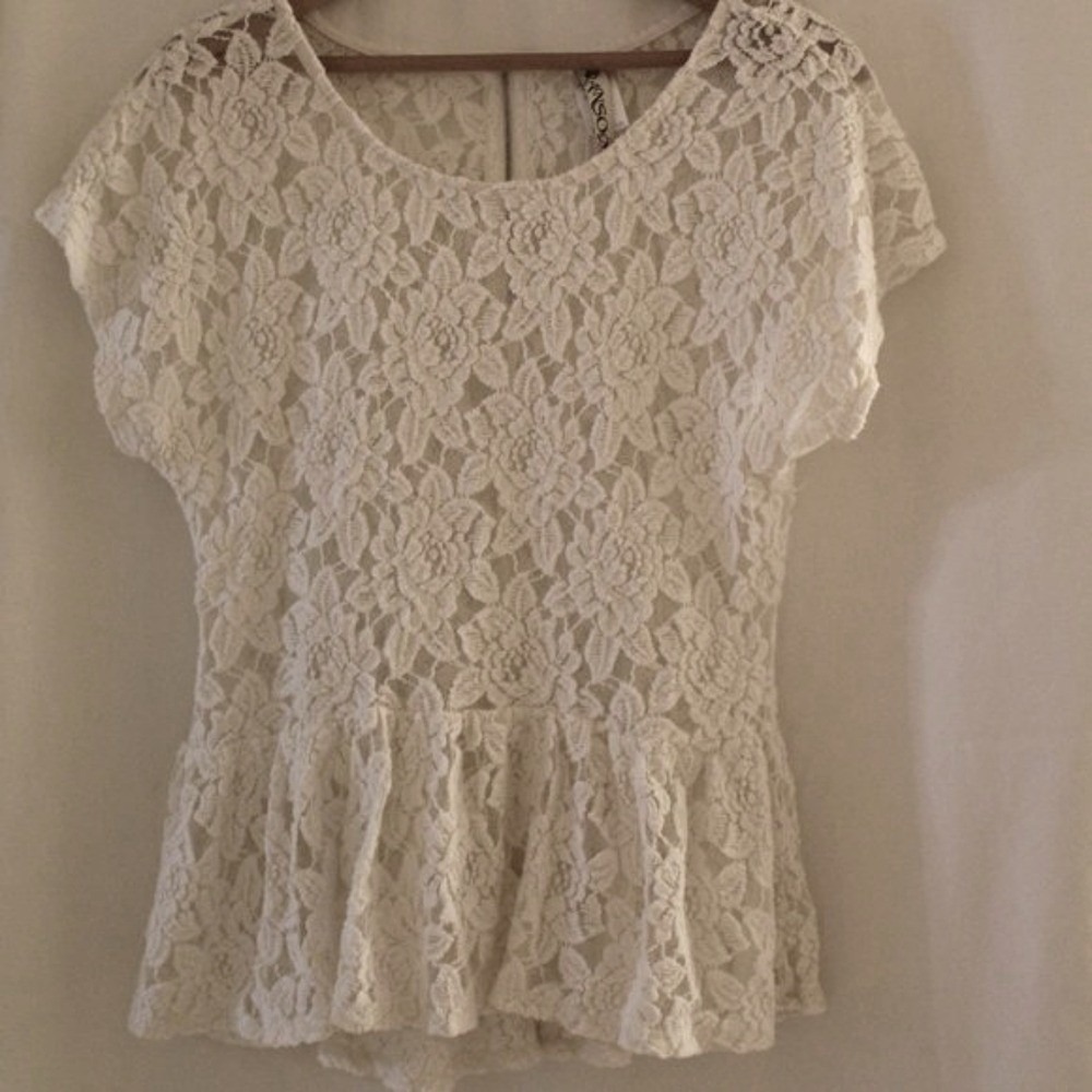 Ransom‎ Women's Flower Lace, Sheer Overlay, Ruffle, Zip Closure, Cream,Sz Large
